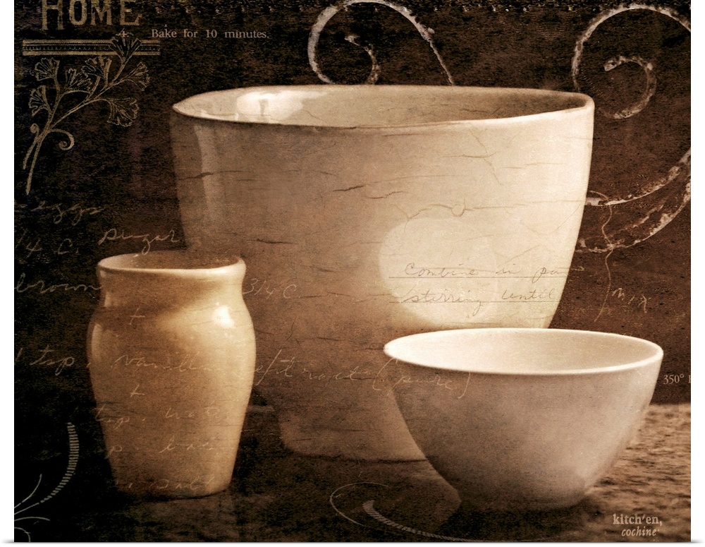 Home artwork featuring text and designs over three bowls sitting on a table. Neutral tones dominate.