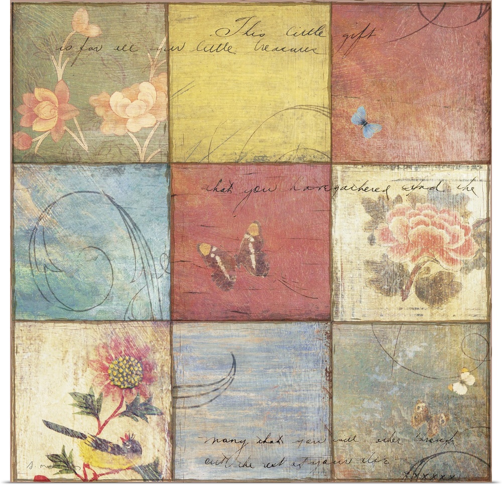 Mixed media artwork with nine squares arranged in a  3x3 grid pattern.   Each square has a floral or butterfly image.  Fan...