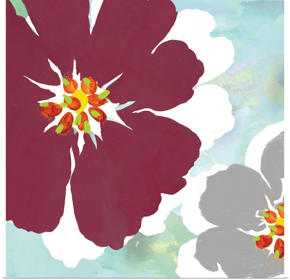 Square painting of a large marsala colored flower and a smaller grey flower with white shadows on a light blue and green b...
