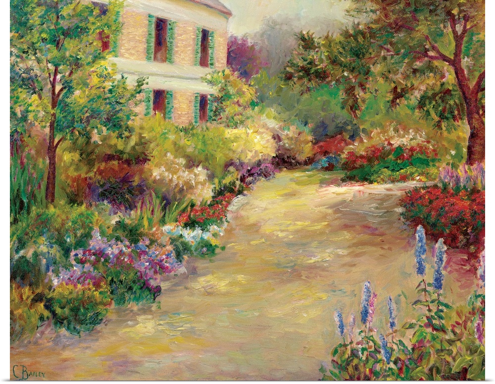 Contemporary artwork of a path in a garden surrounded by flowers.