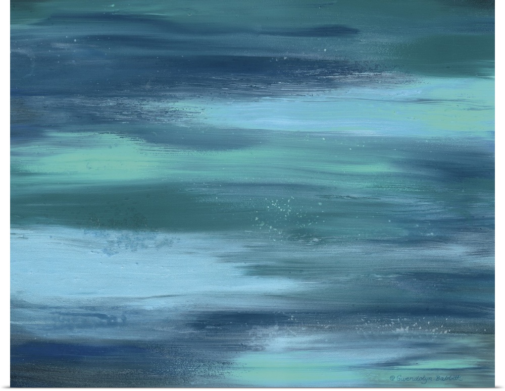 Abstract painting created with horizontal brushstrokes in shades of blue representing the ocean.