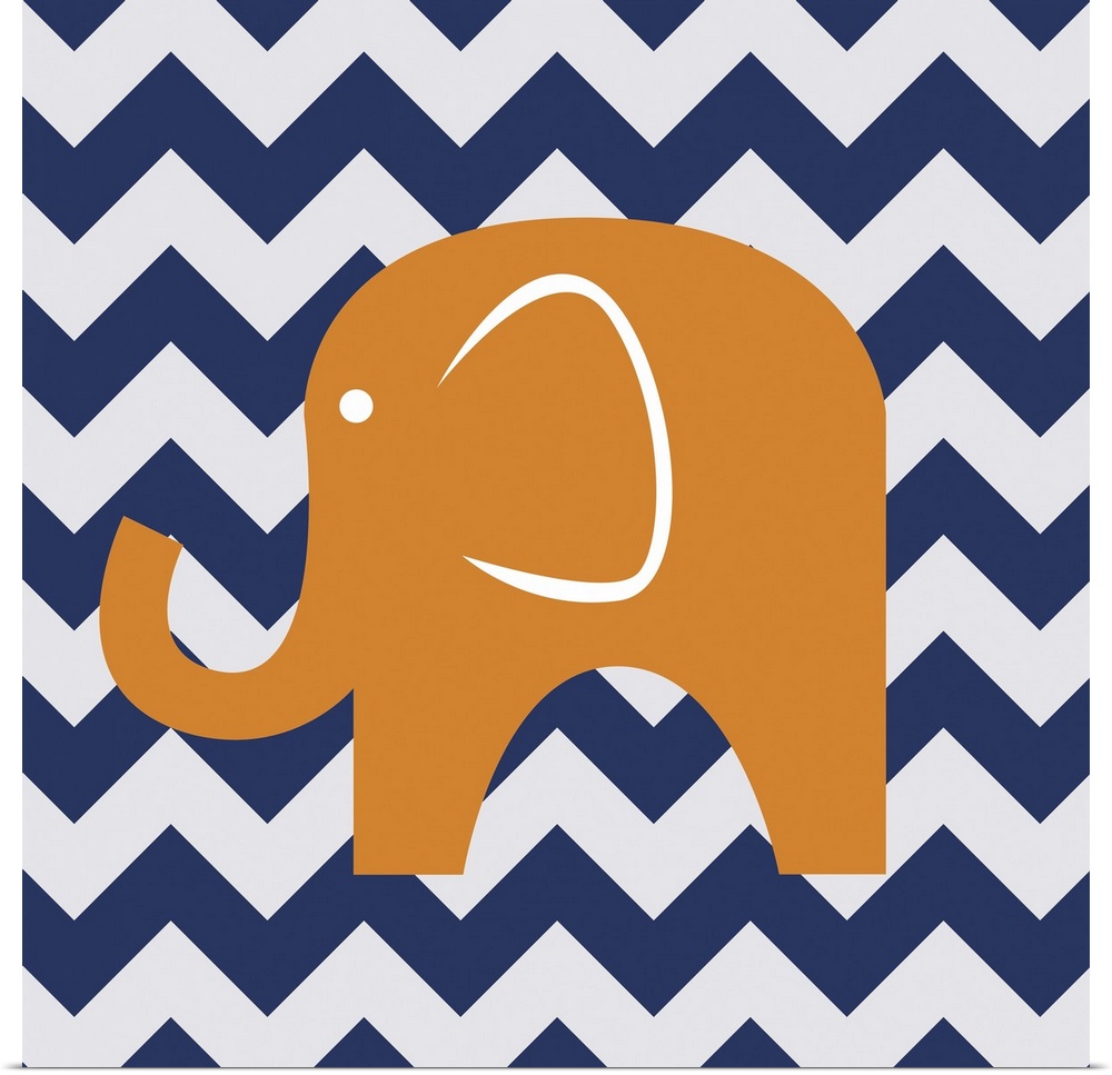 Whimsical square art with an illustration of an orange elephant on a blue and gray zig-zag background.