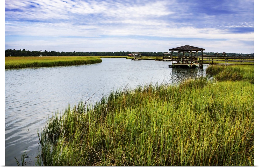 A gazebo overlooking the water in a marsh. Pawleys Island, South Carolina