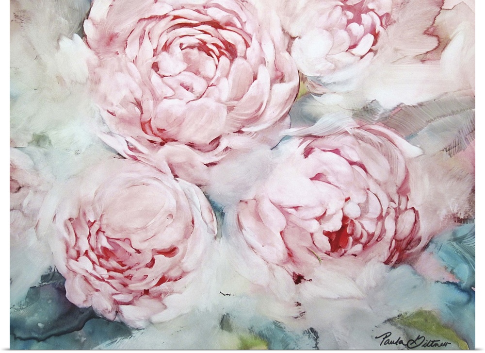 Contemporary painting of pink peonies with a green and blue background.