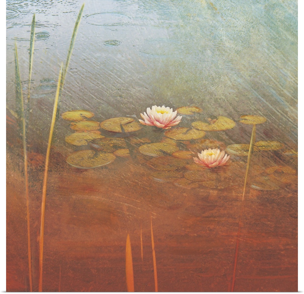 Large contemporary art shows a variety of high grass and lily pads sitting on calm water.  Artist incorporates an overlay ...