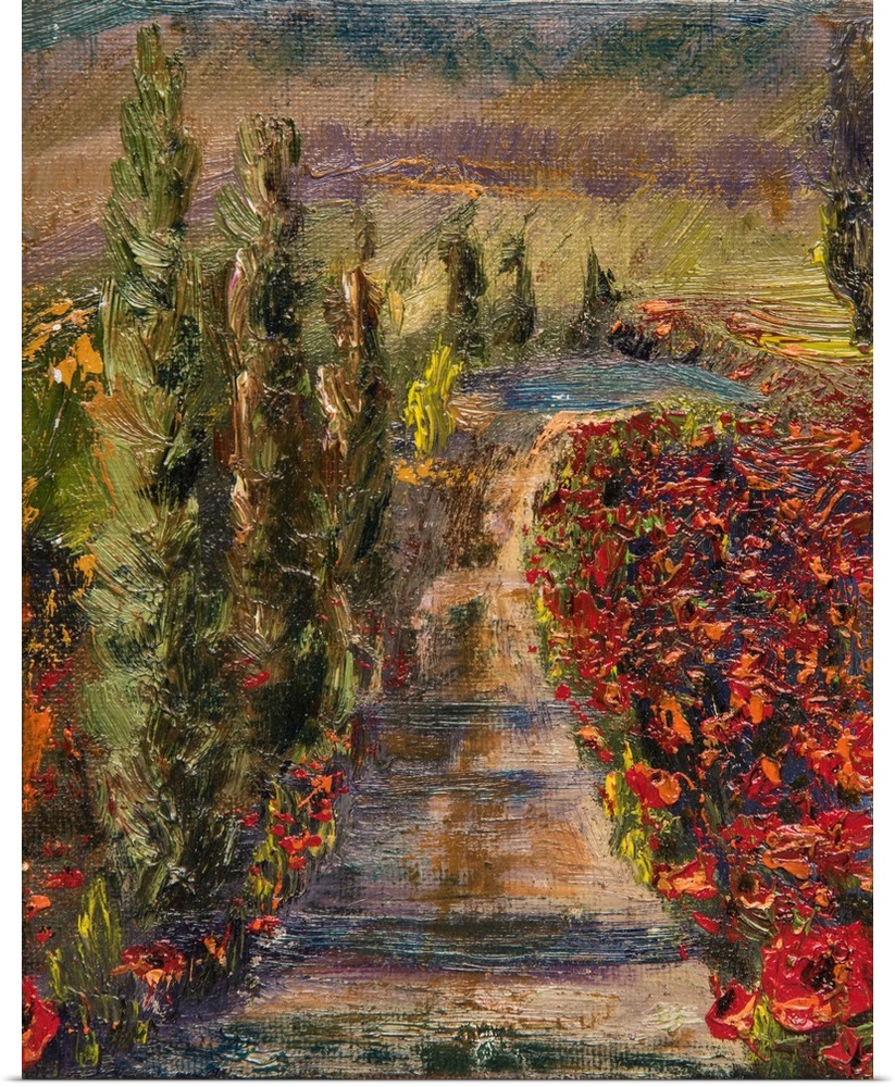 Painting of an abstract landscape with a dirt road lined with red poppies.