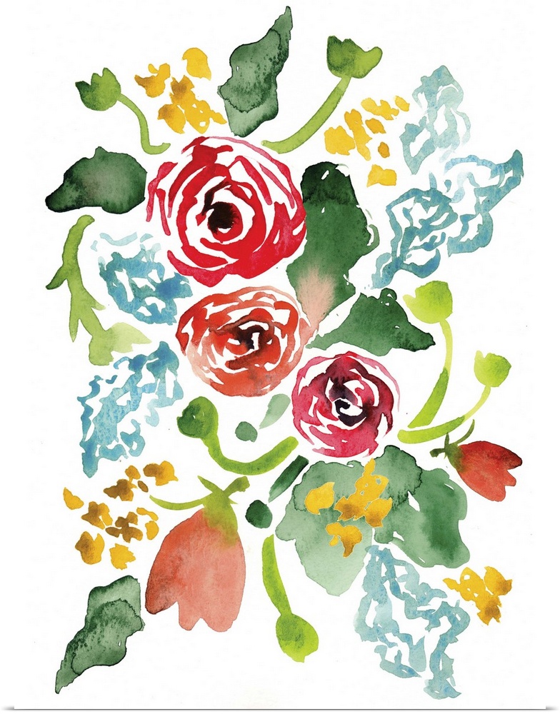 Watercolor painting of colorful flowers in red, yellow, and blue, with green leaves.
