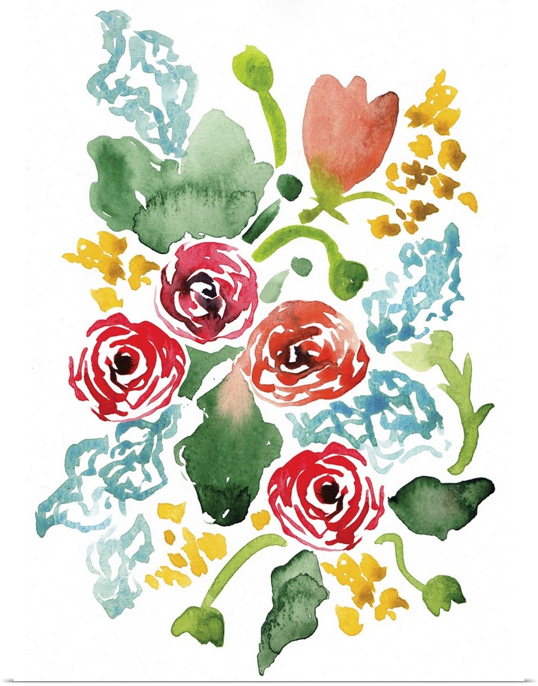 Watercolor painting of colorful flowers in red, yellow, and blue, with green leaves.