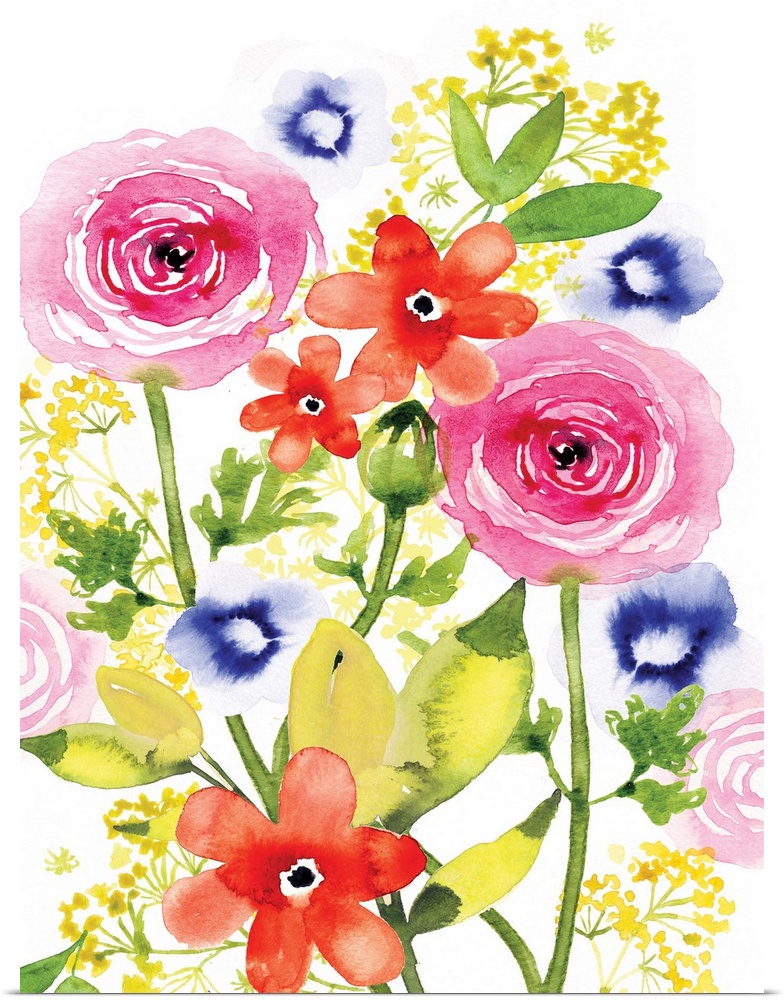 Watercolor painting of a bouquet of pink and red flowers.