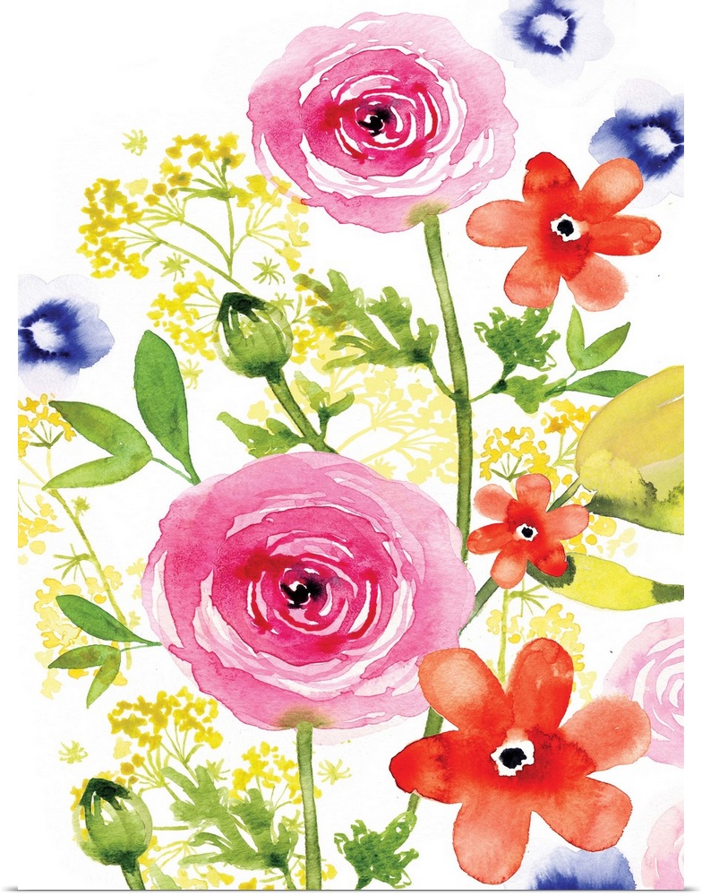 Watercolor painting of a bouquet of pink and red flowers.