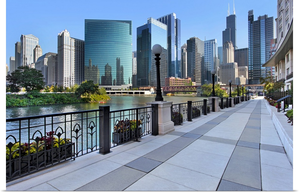 Large photograph of a sidewalk in Chicago, Illinois (IL) with downtown skyscrapers visible in the background.