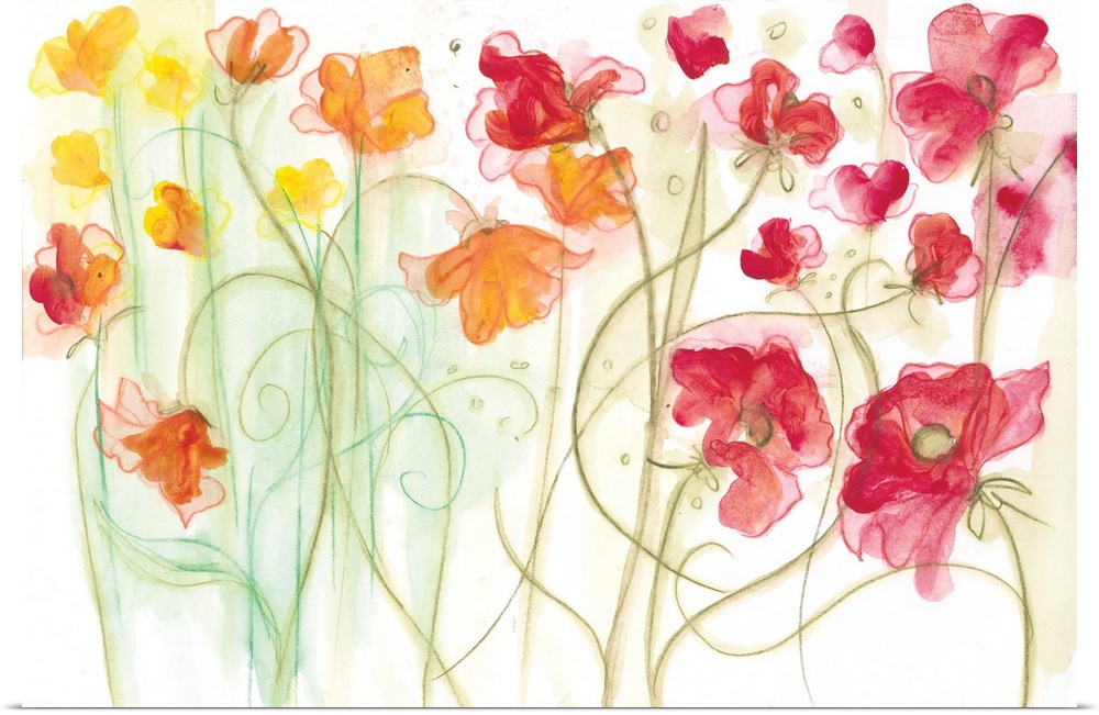 Watercolor painting of a garden of brightly colored flowers with spiraling stems.