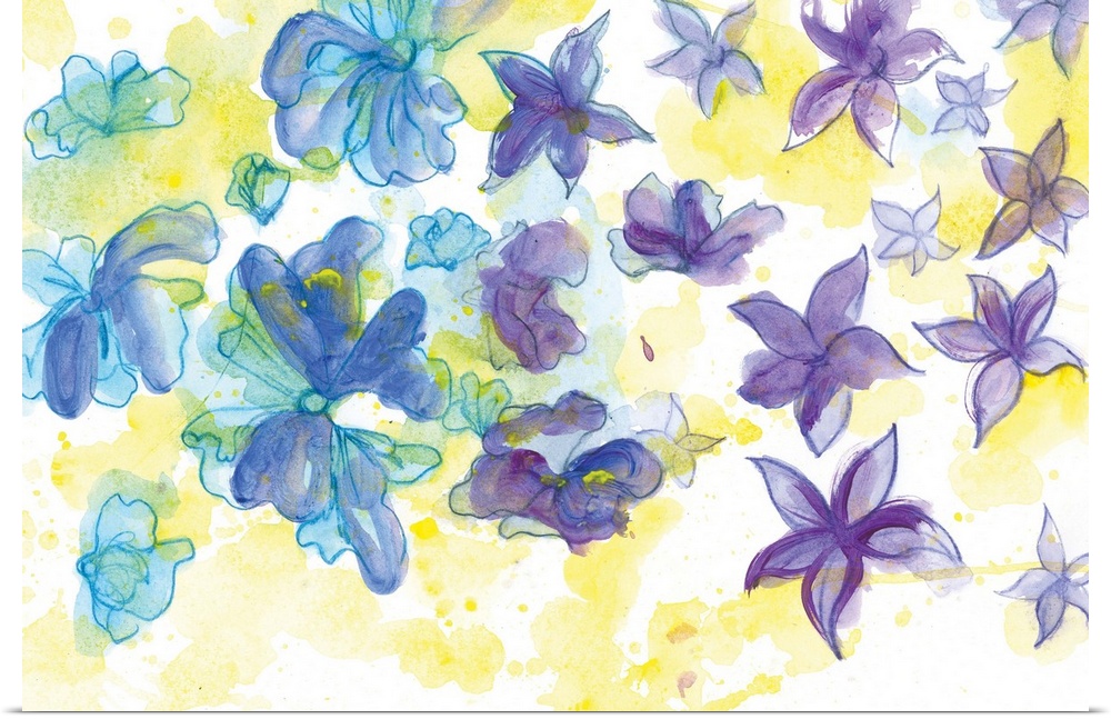 Watercolor painting of a garden of brightly colored blue and purple flowers.
