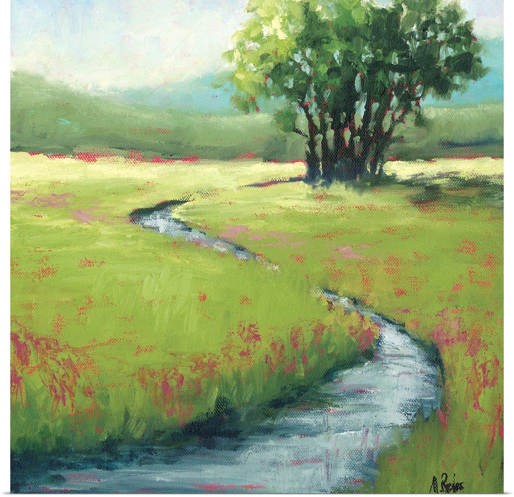 Contemporary painting of a stream running through a rural meadow.