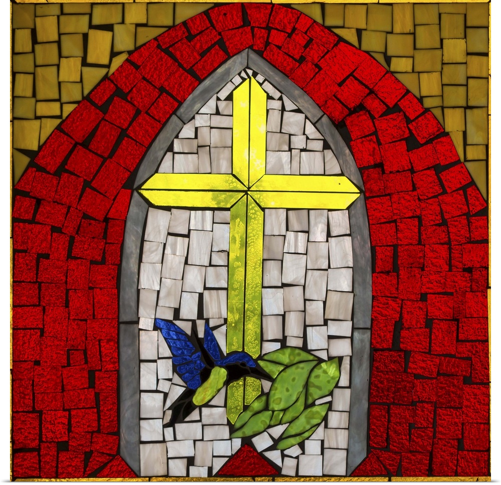 Artwork done in a stained-glass style depicting a cross, a symbol of Christianity.