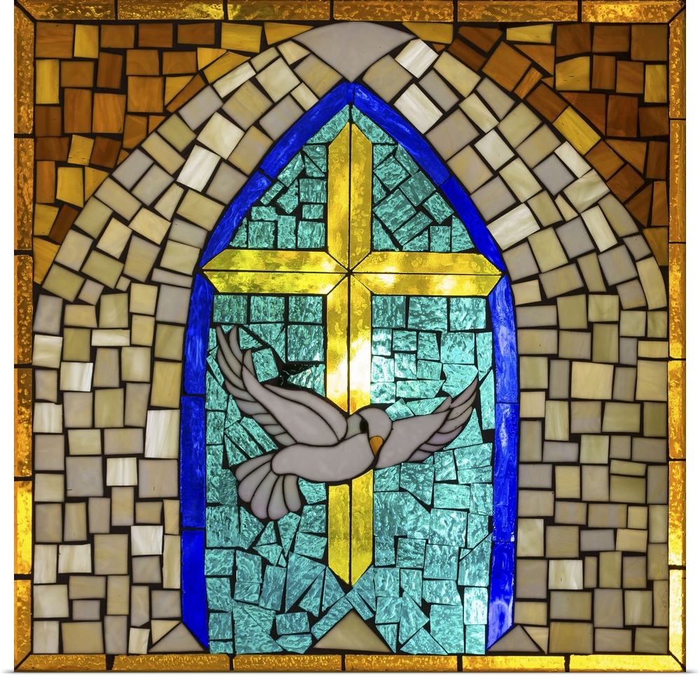 Artwork done in a stained-glass style depicting a cross and dove, symbols of Christianity.