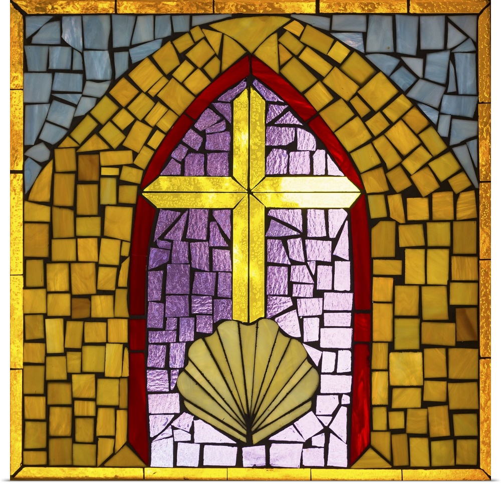Artwork done in a stained-glass style depicting a cross and shell, symbols of Christianity.