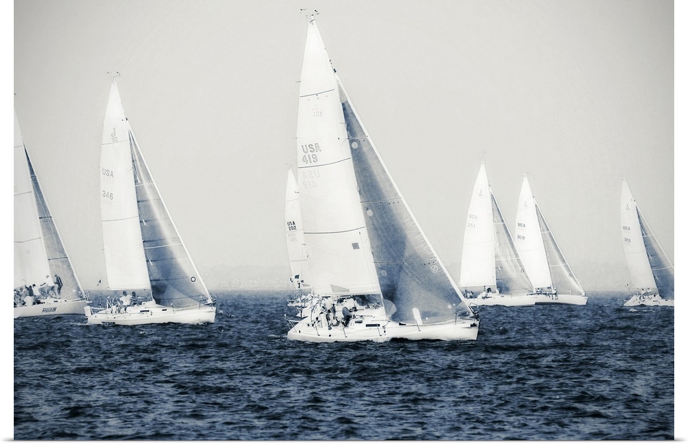 Big canvas photo of six sailboats racing on the ocean.