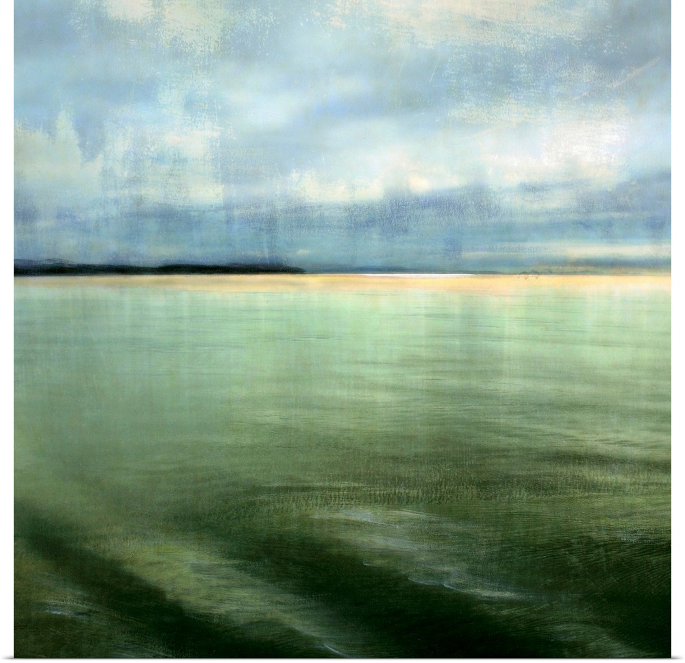 Big square canvas art shows calm waters in the foreground slowly hitting the beach in the background on a sunny day.