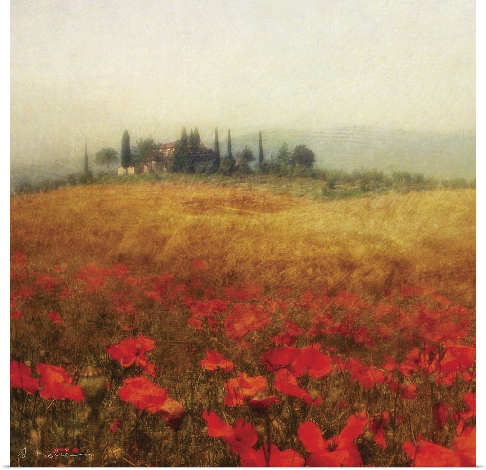 Painting of an Italian home nestled amongst a small grove of trees on a hill and a rolling field of bright red poppy flowe...