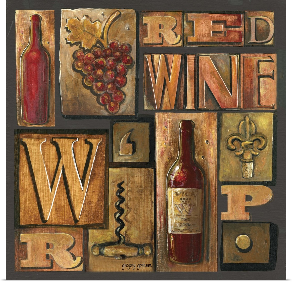 A square decorative panel featuring wine and grape elements, as well as typesetting fonts.