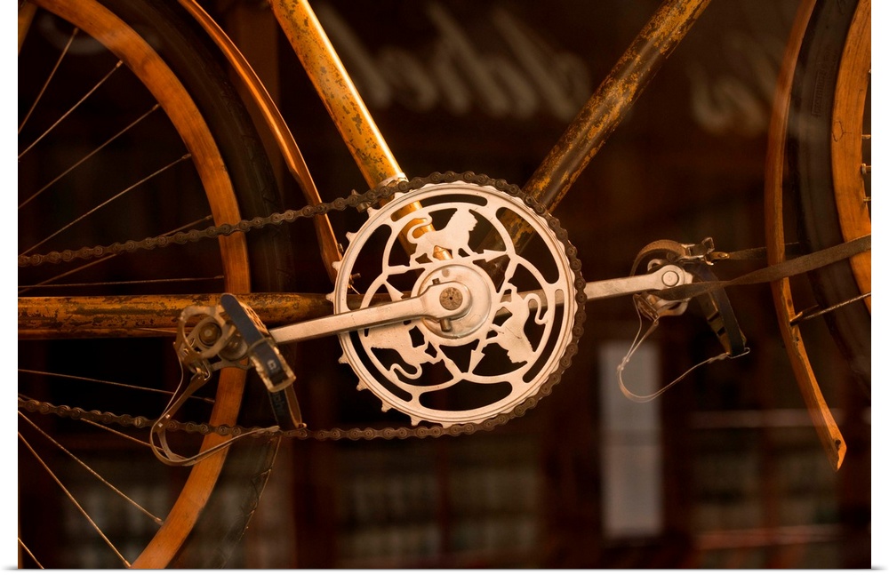 Detail of an intricate gear on a bicycle.