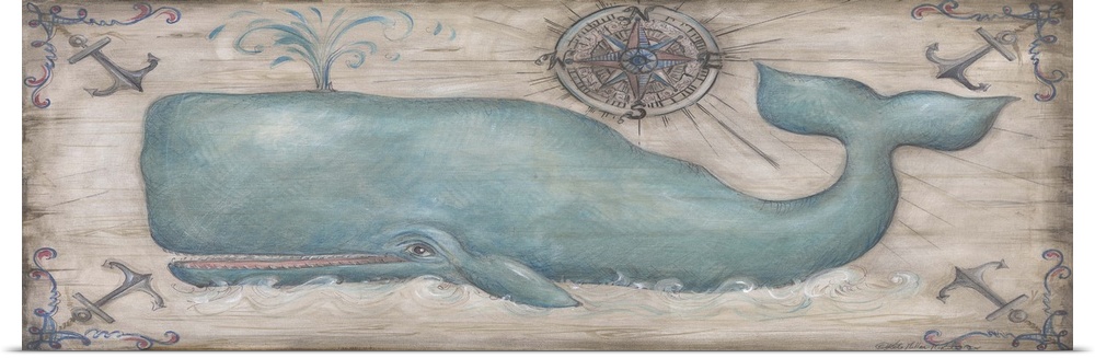 Large painting of a whale spewing water out of its blowhole with a blue and red compass rose above it and decorative ancho...