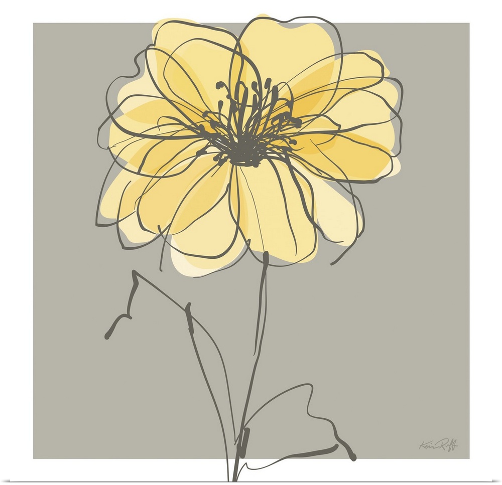Square illustration of a single yellow and gray flower on a gray background with a white boarder.