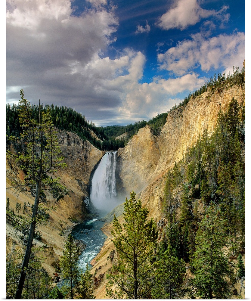 View from below of Yellowstone Falls in Yellowstone National Park, Wyoming.