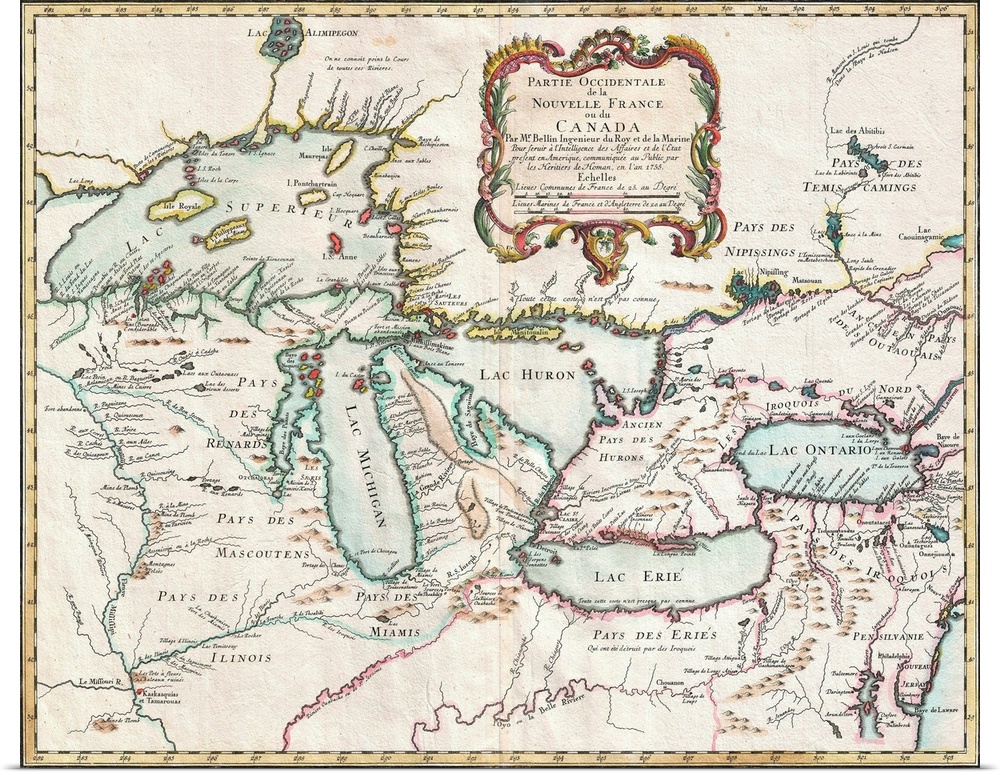 1755 map of the Great Lakes region entitled Partie Occidentale de la Nouvelle France ou du Canada, by M. Bellim, mapmaker ...