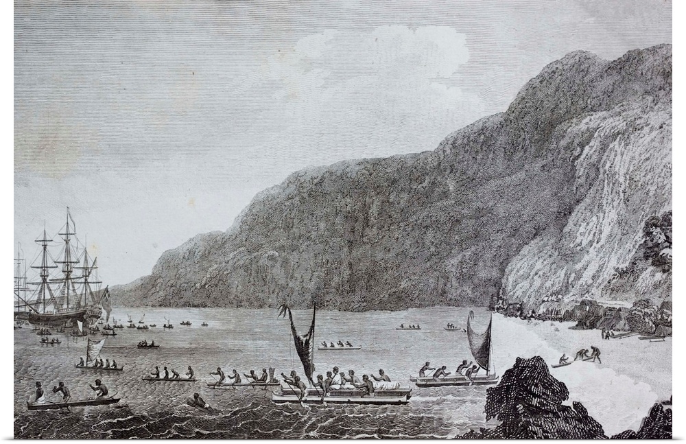 The engraving shows a ship, possibly HMS Resolution and native Hawaiians in canoes.