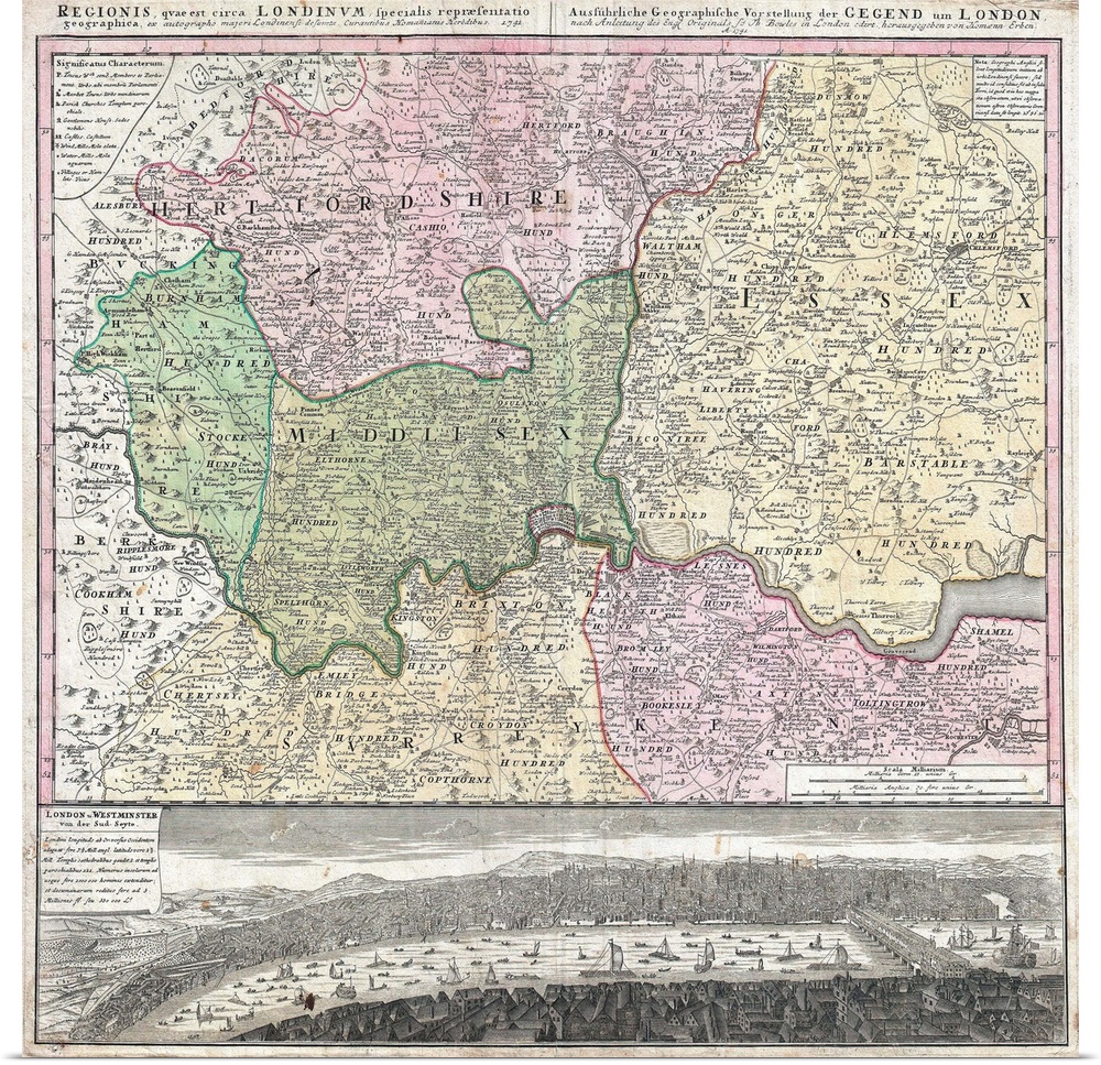 Map of London and Its Environs by Homann Heirs (Regionis quae est circa Londinum), 1741, hand-colored engraving, 22.5 x 20...
