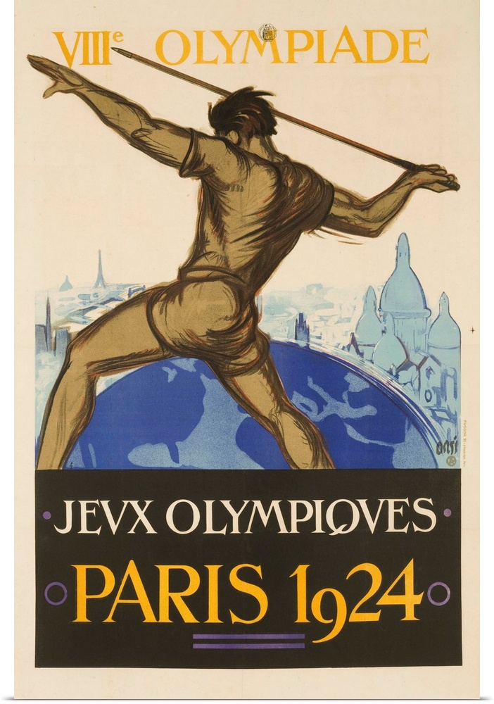 Paris Summer Olympics Poster showing Javelin throwing athlete. Illustrated by Orsi.