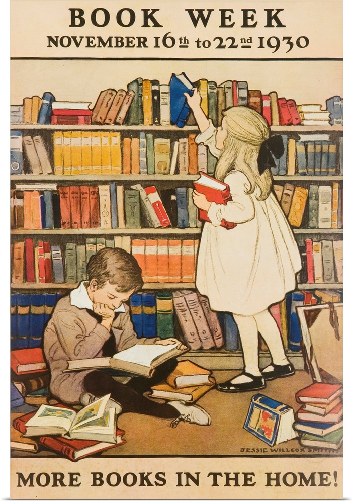More Books in the Home, illustrated by Jessie Willcox Smith, 1930 Children's Book Week poster showing young boy and girl i...