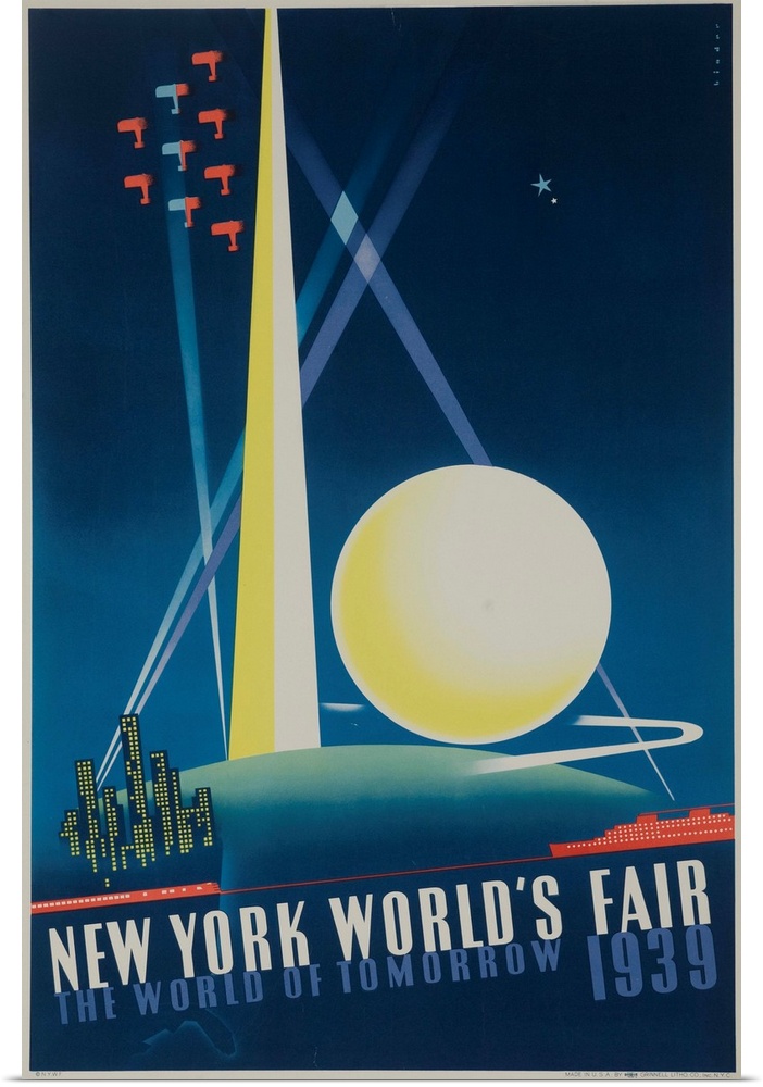 1939 New York World's Fair poster showing spotlit Trylon and Perisphere with air show and city skyscrapers. illustrated by...
