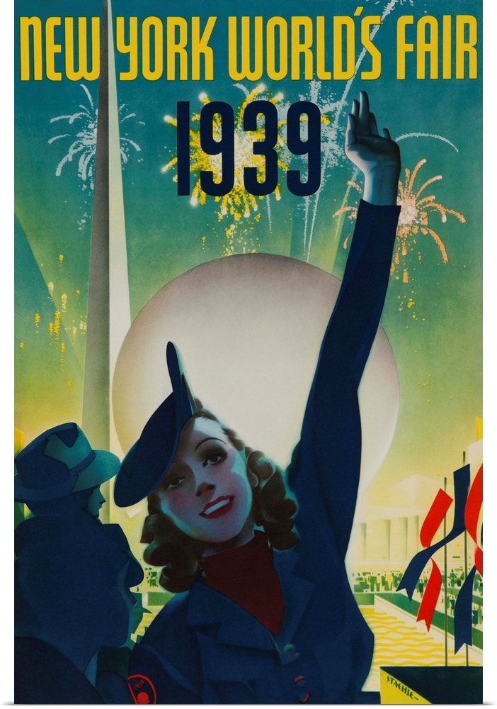 A happy fairgoer in front of Trylon and Perisphere while fireworks light the evening sky. Illustrated by Albert Staehle