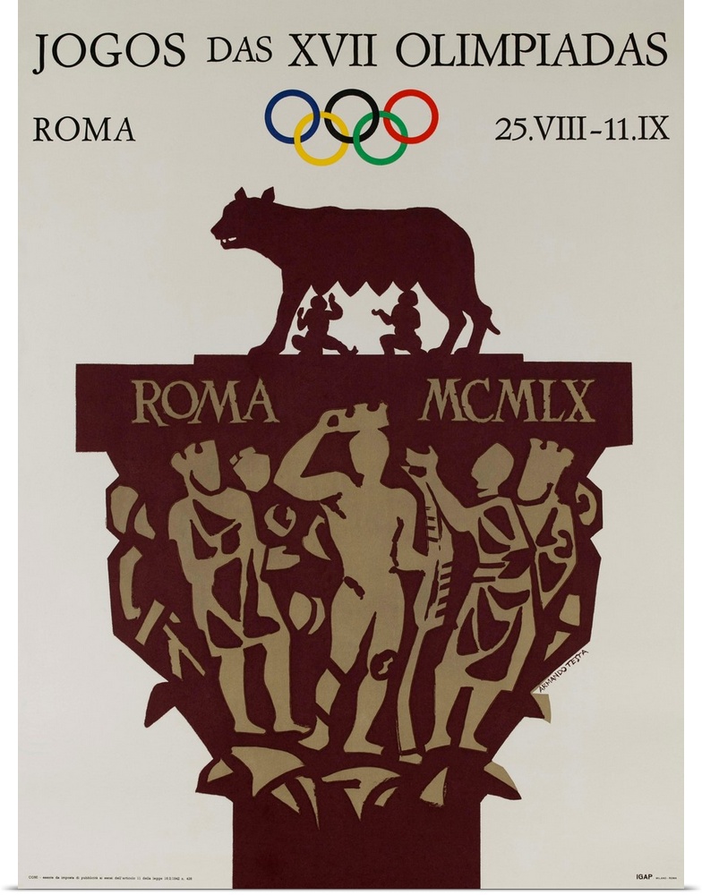 1960 Rome Summer Olympics poster illustrated by Armando Testa, shoing the Capitoline Wolf suckling Romulus and Remus.