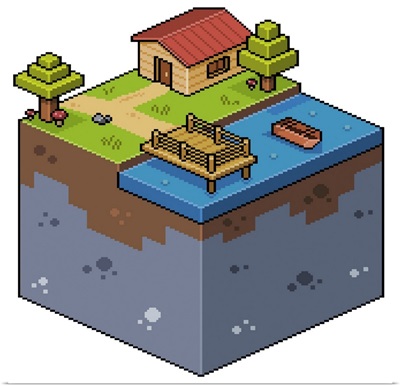 8-Bit Isometric Landscape With House And Lake
