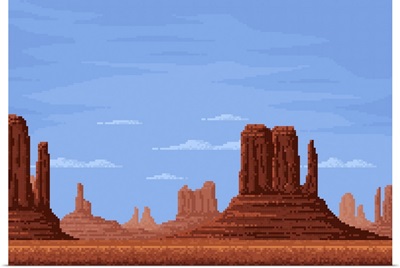 8-Bit Pixel Desert Valley With Canyon Rocks Under Clouds