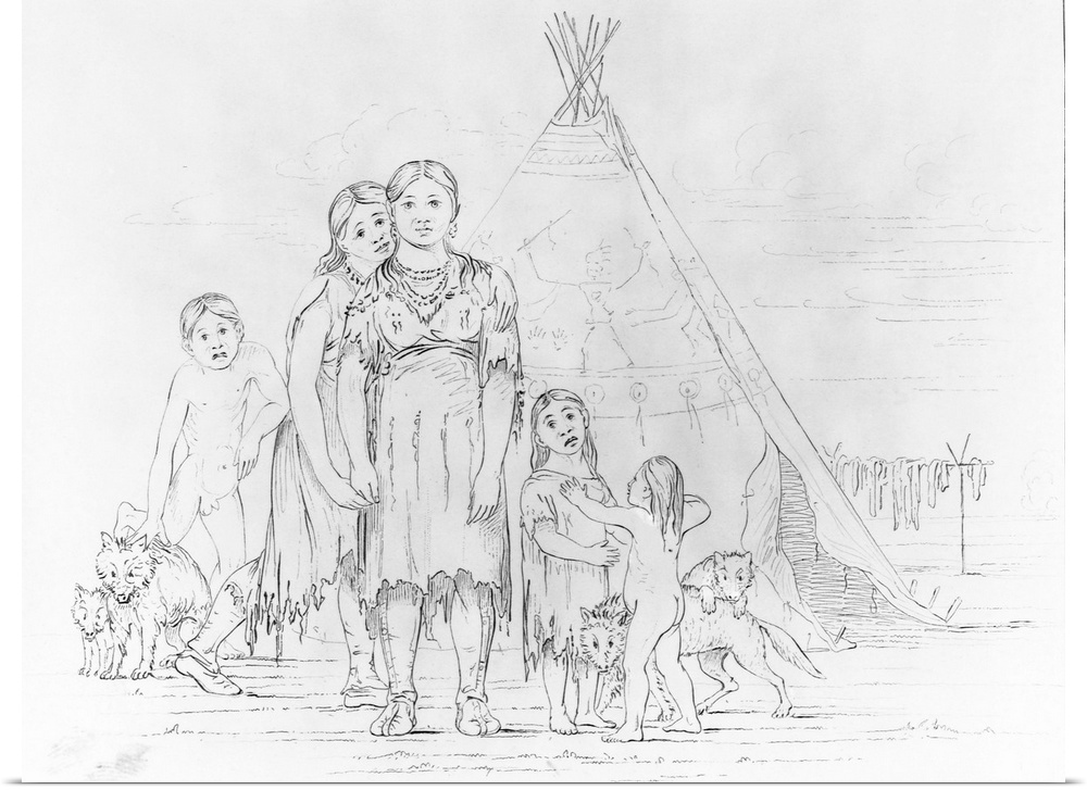 An engraving depicts a Comanche family and their dogs outside their tepee.