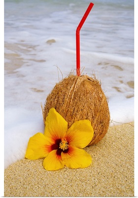 A coconut drink with straw sticking out and flowers on a tropical beach.