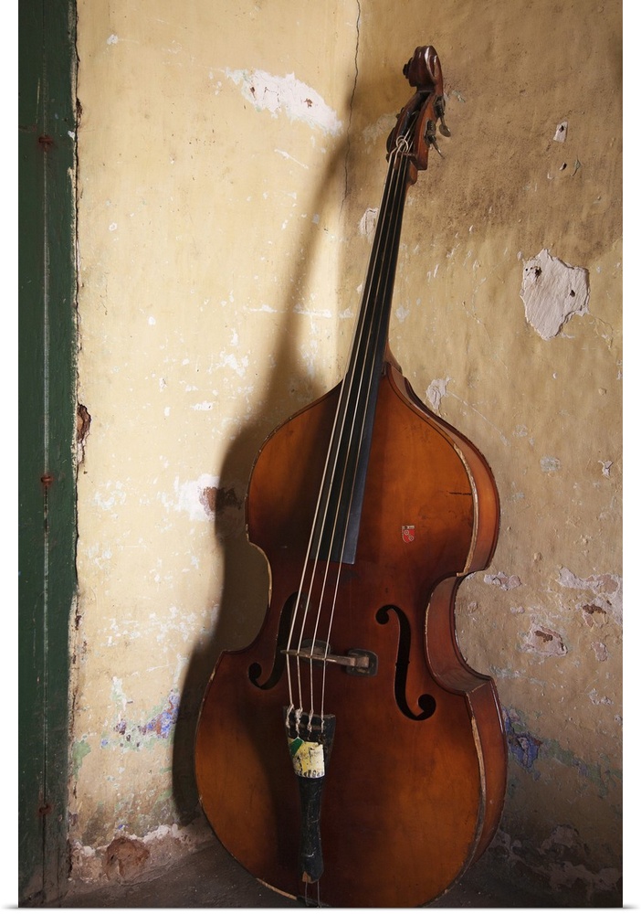 A an double bass in the corner of a room