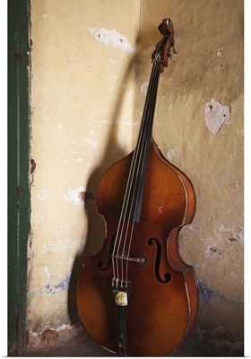 A double bass in the corner of a room