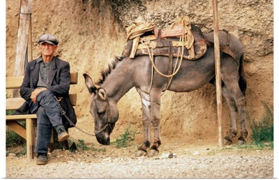 A man resting on a bench and a donkey eating hay in Meteora, Greece