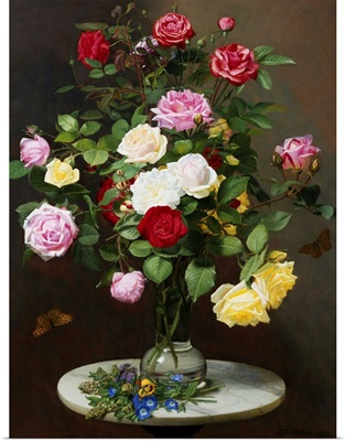 A Still Life With Roses In A Glass Vase By Otto Diderich Ottesen