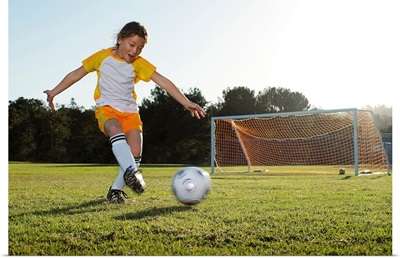 A young girl playing soccer on a soccer field in Los Angeles, California.