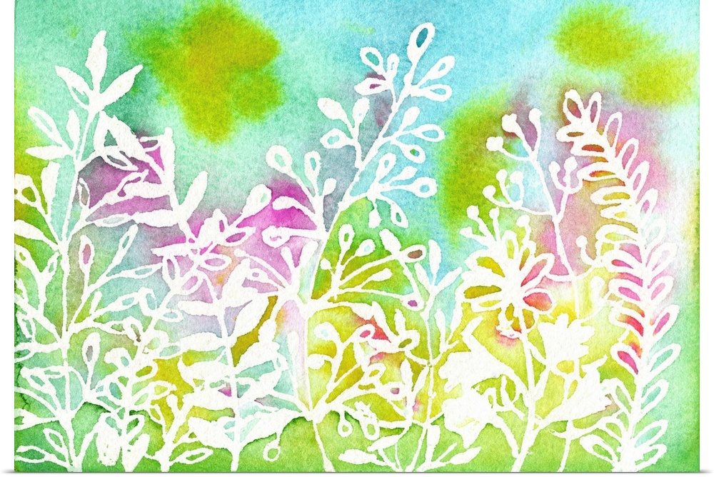 Outline of botanical plants against a colorful background.
