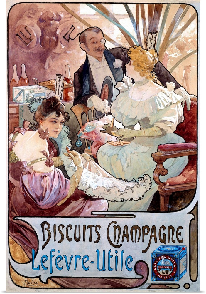 Art Nouveau : advertising poster for Biscuits Champagne manufactured by Lefevre-Utile (Lefevre Utile), by Alphonse Mucha (...