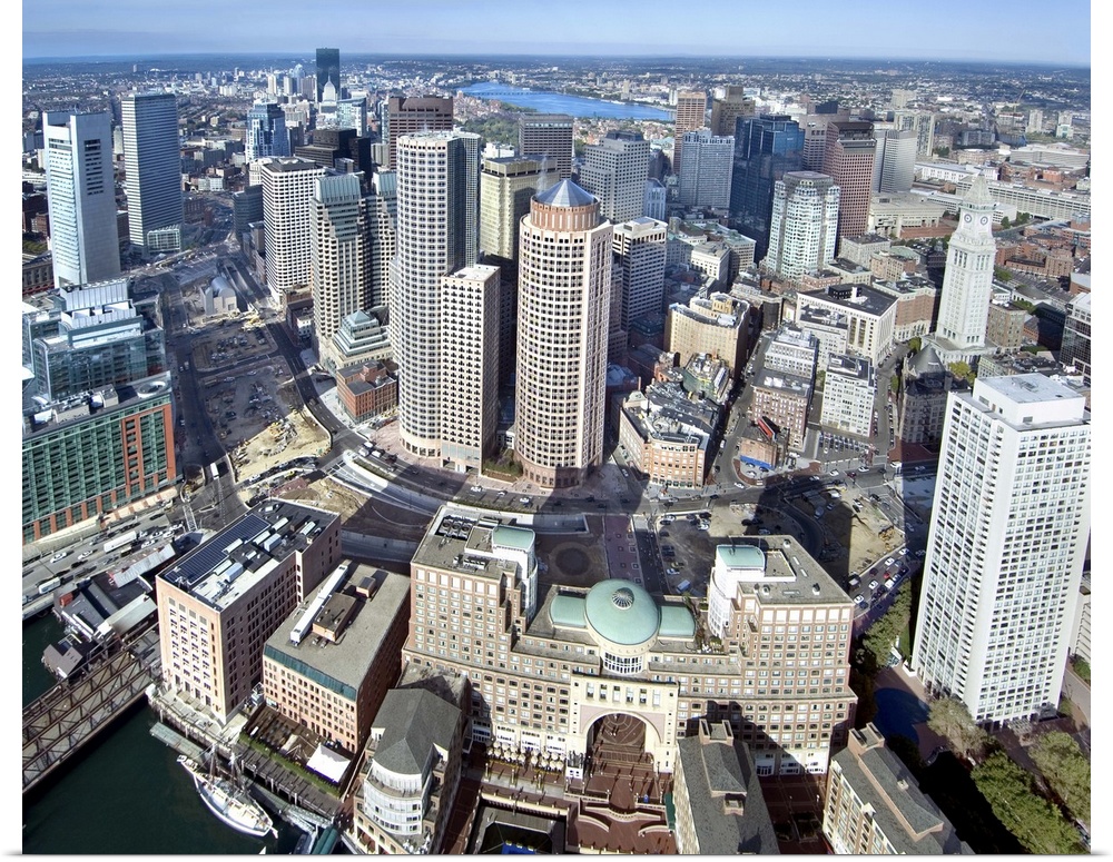 Aerial of downtown in the morning, Boston, MA