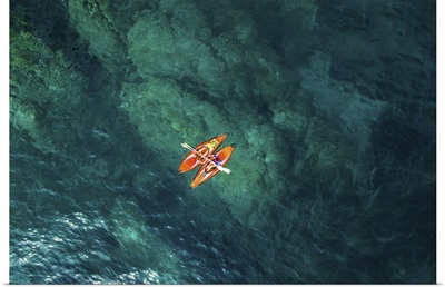 Aerial Picture Of Kayaks In Costa Brava With Blue Water, Summertime